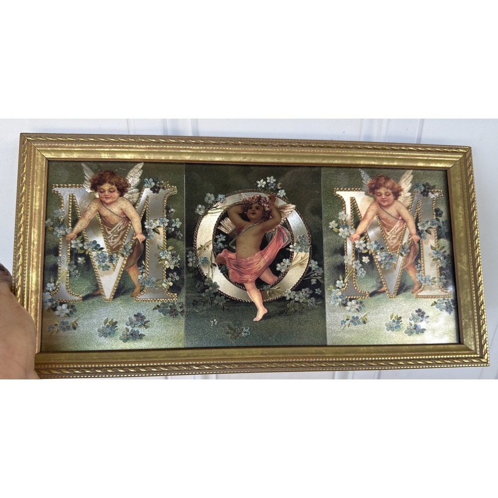 Vintage Foil Art MOM Print cherubs victorian style gold Framed Picture